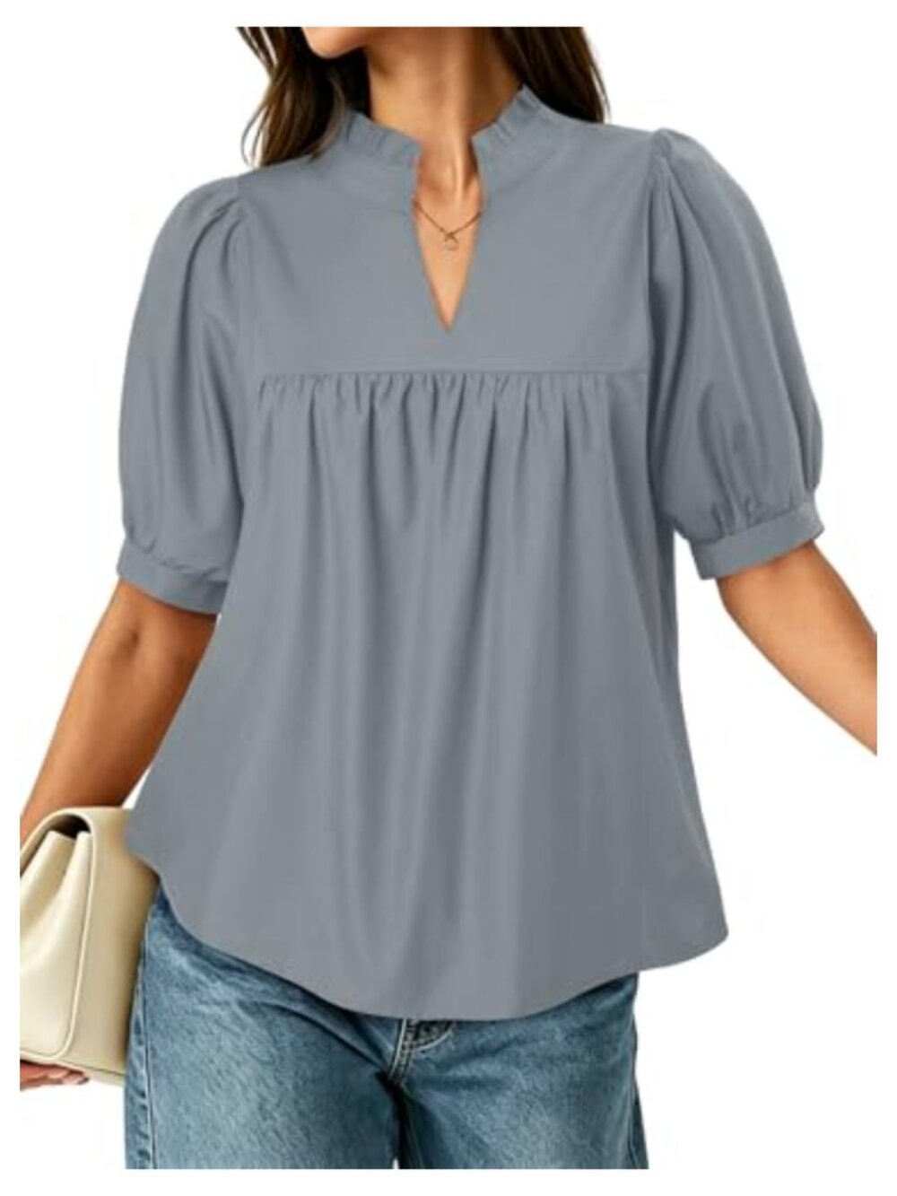 Womens Puff Sleeve V Neck Peplum Babydoll Blouse Pleated Loose Fit Top